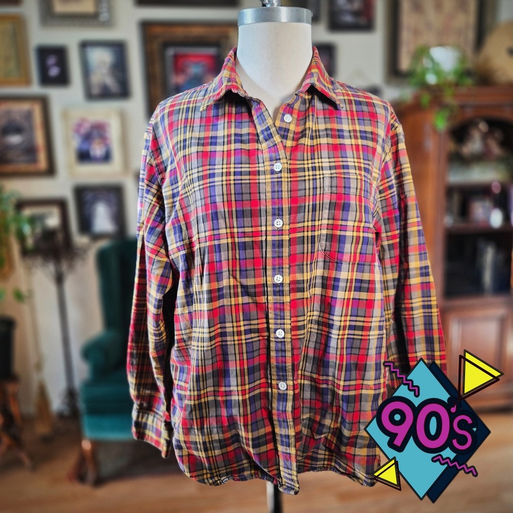 Jones New York Plaid Shirt Vintage 90s XL Cotton Button Down Red Yellow Blue Top